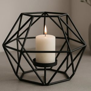 Matte Black Geometric Candle Holder for Modern Table Centerpiece