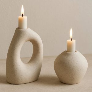 Set of Two Asymmetric Stoneware Candle Holders for Organic Modern Style