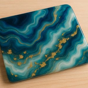 Modern Resin Art Desk Accent with Swirls of Color and Gold Leaf