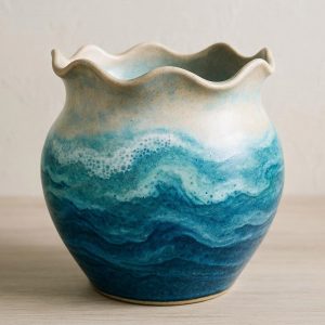 Ceramic Vase with Wavy Rim and Sea Inspired Glaze for Coastal Decor