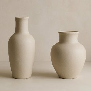 Set of Two Neutral Ceramic Vases for Symmetrical Living Room Styling